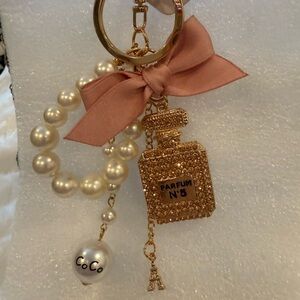 Chic Parfum Bottle & Pearl Bracelet Keychain Blush Bow Eiffel Charm GoldTone New